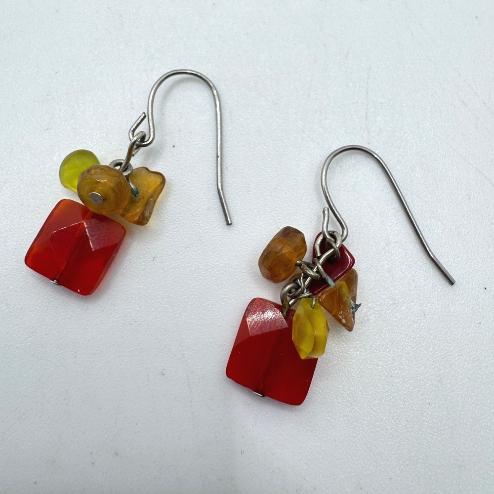 Artisan Red Faceted Glass Amber Stone Cluster Dangle Earrings Silver Tone Hooks